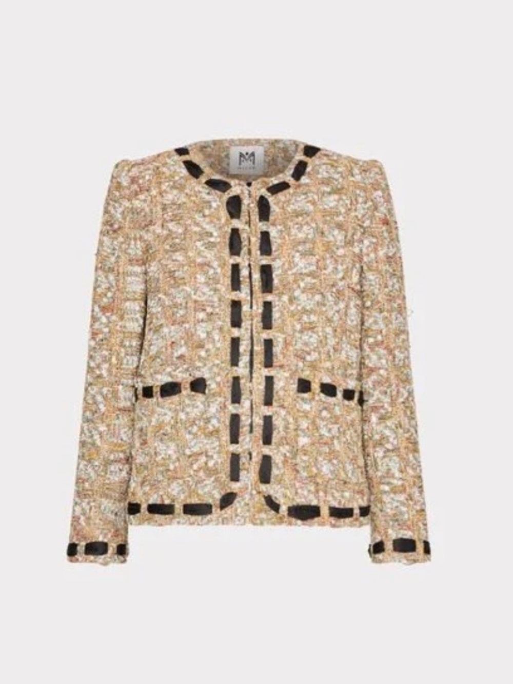 Milly Gold-Beige Tweed Jacket with Black Ribbon Detail